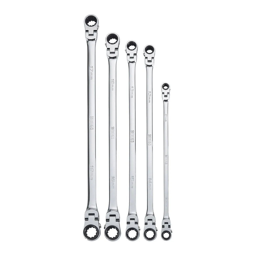 ICON Extra Long Professional Double Box Flex Ratcheting Wrench Set, 5-Piece | WRDBFM-5 | 56694