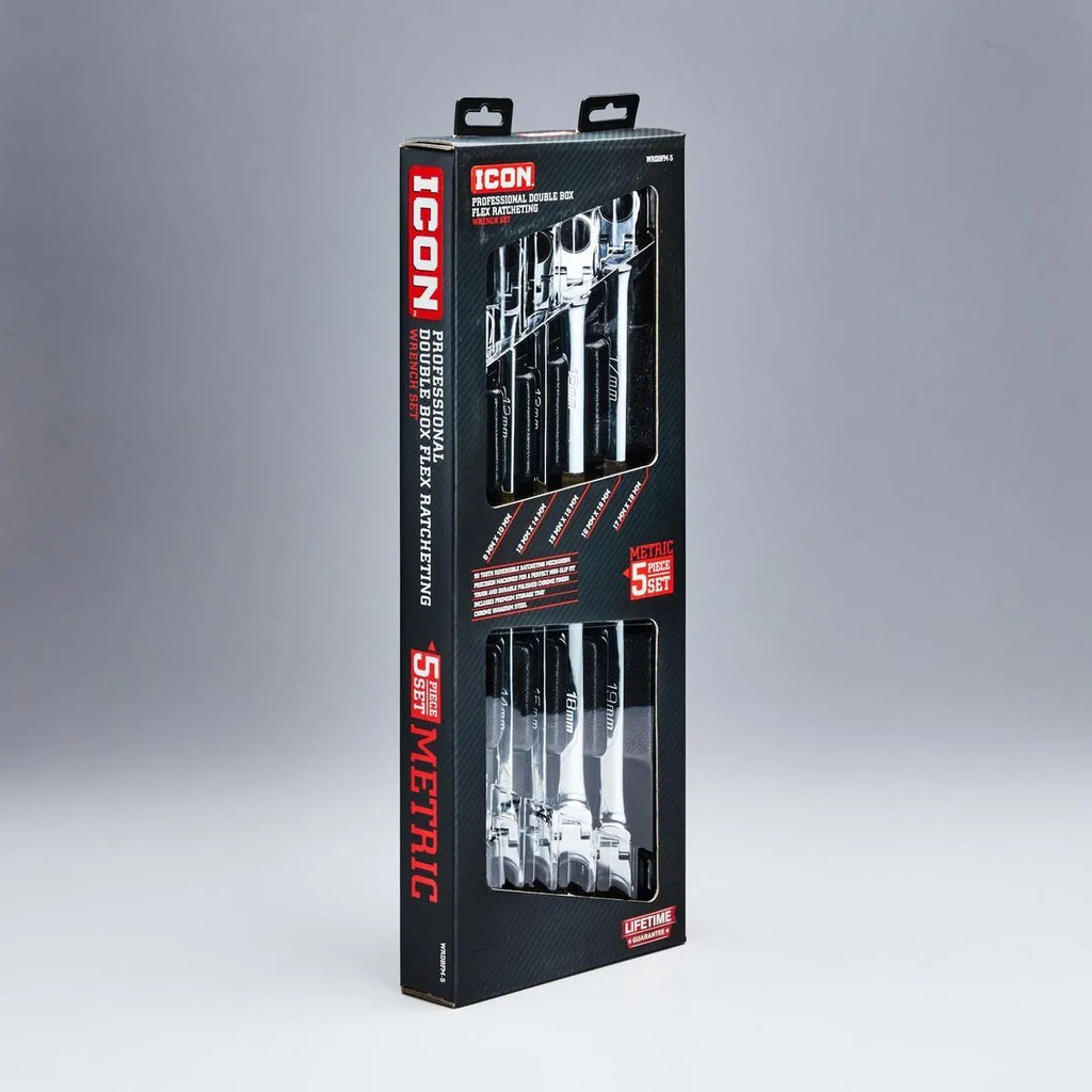 ICON Extra Long Professional Double Box Flex Ratcheting Wrench Set, 5-Piece | WRDBFM-5 | 56694