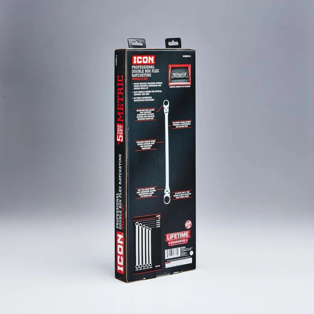 ICON Extra Long Professional Double Box Flex Ratcheting Wrench Set, 5-Piece | WRDBFM-5 | 56694