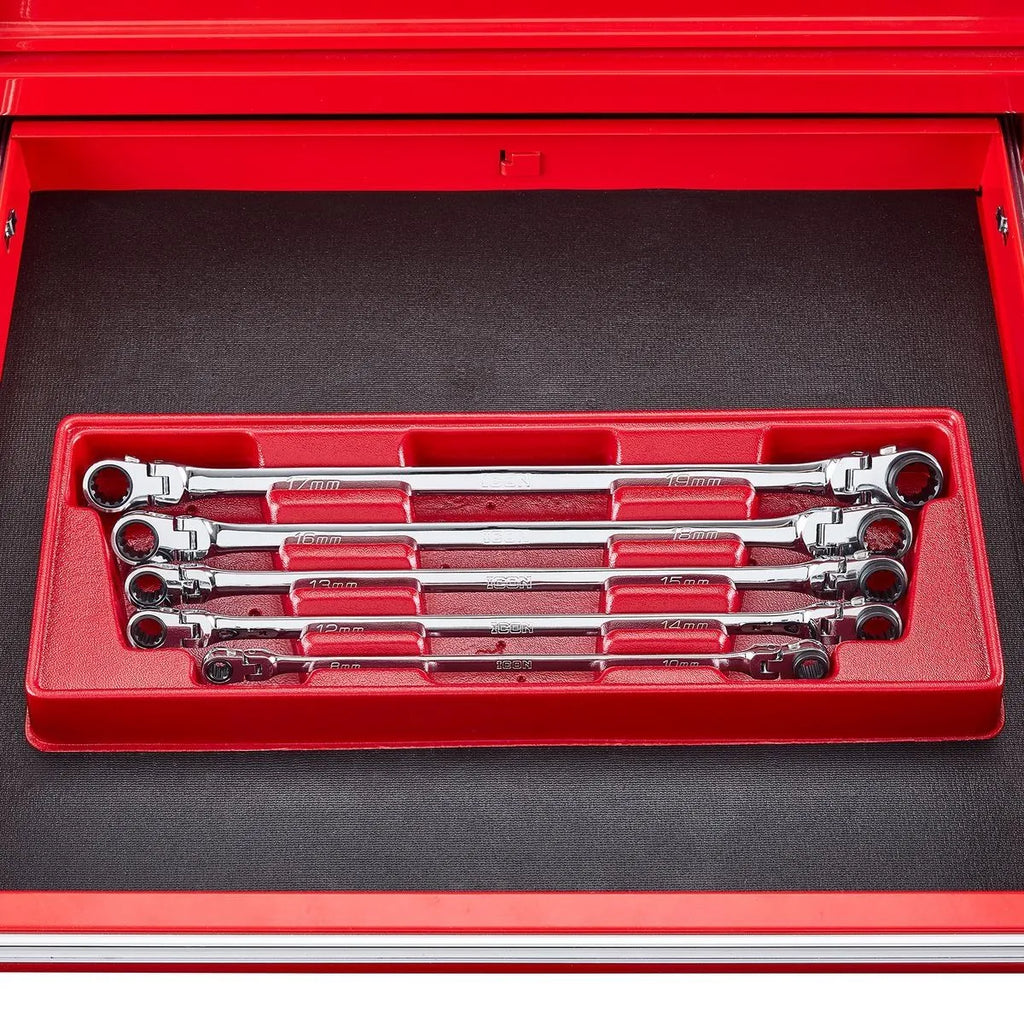 ICON Extra Long Professional Double Box Flex Ratcheting Wrench Set, 5-Piece | WRDBFM-5 | 56694