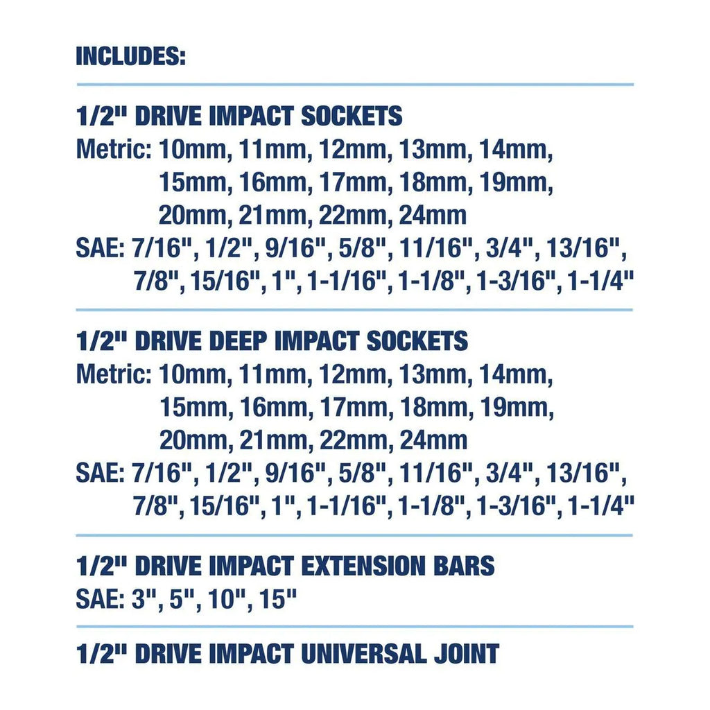 Quinn 61 Piece 1/2" Drive Master Impact Socket Set | 58680 | SAE / Metric