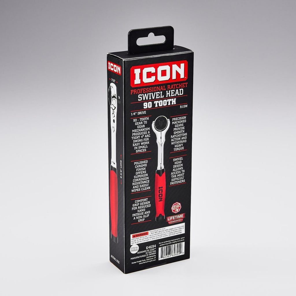ICON 1/4 in. Drive Professional 90 Tooth Swivel Head Ratchet with Comfort Grip | R1SW | 64694