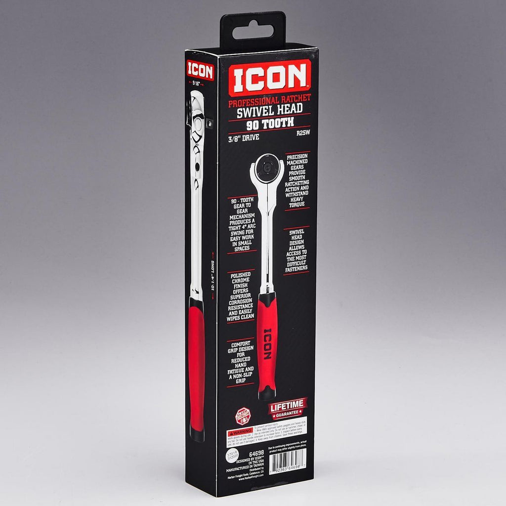 ICON 3/8 in. Drive Professional 90 Tooth Swivel Head Ratchet with Comfort Grip | R2SW | 64698