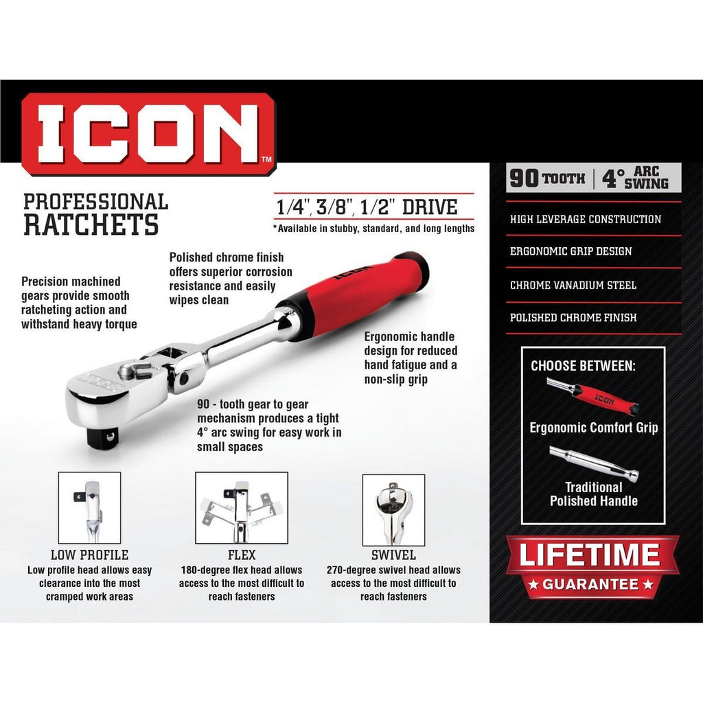 ICON 1/2 in. Drive Professional 90 Tooth Swivel Head Ratchet with Comfort Grip | R3SW | 64703