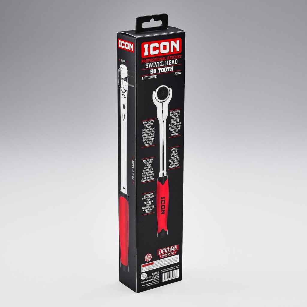 ICON 1/2 in. Drive Professional 90 Tooth Swivel Head Ratchet with Comfort Grip | R3SW | 64703