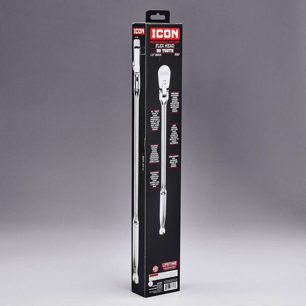 ICON 1/2 in. Drive Professional 90 Tooth Long Reach Flex Head Ratchet | R3LF | 64706