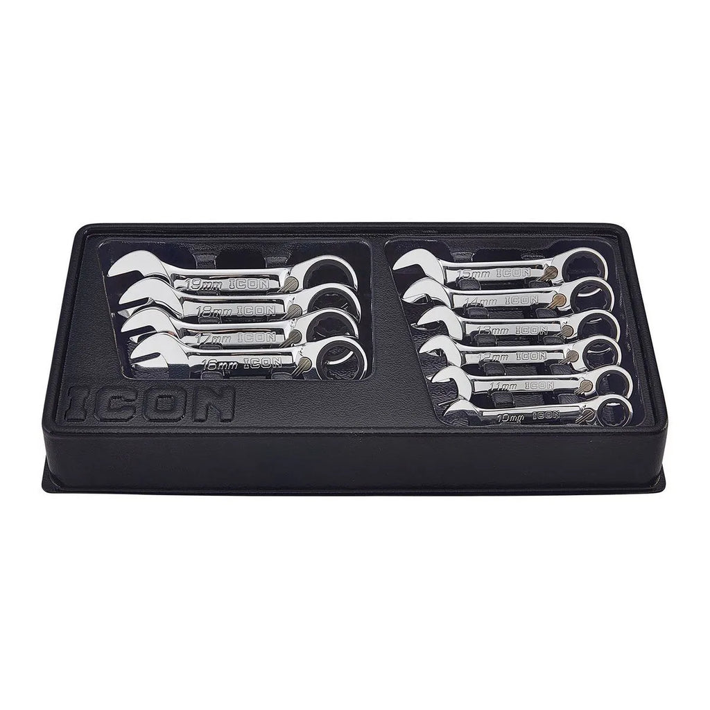 ICON Professional Stubby Metric Ratcheting Combination Wrench Set 10-Piece | WRSTM-10 | 64838