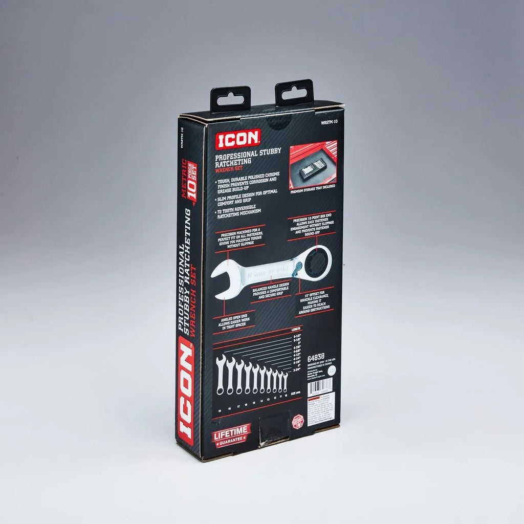 ICON Professional Stubby Metric Ratcheting Combination Wrench Set 10-Piece | WRSTM-10 | 64838