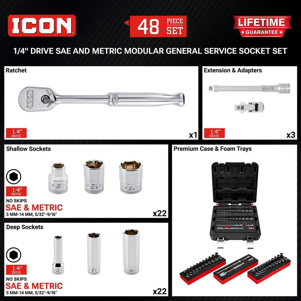 Icon 1/4 in. Drive Modular General Service Socket Set | S1SET-48 | 70311