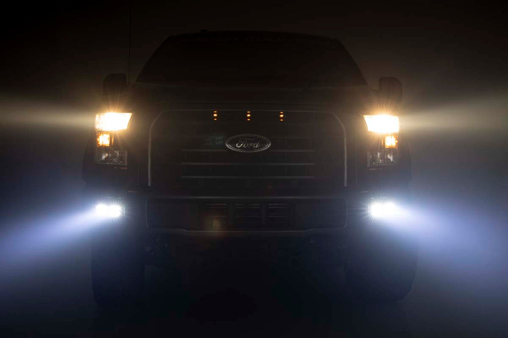 LED Light Kit Fog Mount Dual 2 Inch Black Pairs Spot/Flood Ford F-150 (15-17) Rough Country