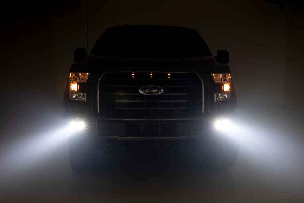LED Light Kit Fog Mount Dual 2 Inch Black Pairs Spot/Flood Ford F-150 (15-17) Rough Country