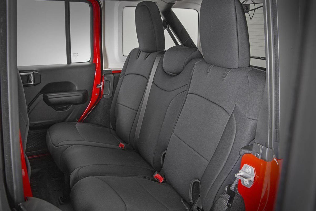Jeep Neoprene Seat Cover Set Black 18-20 Wrangler JL Unlimited w/Rear Center Armrest Rough Country