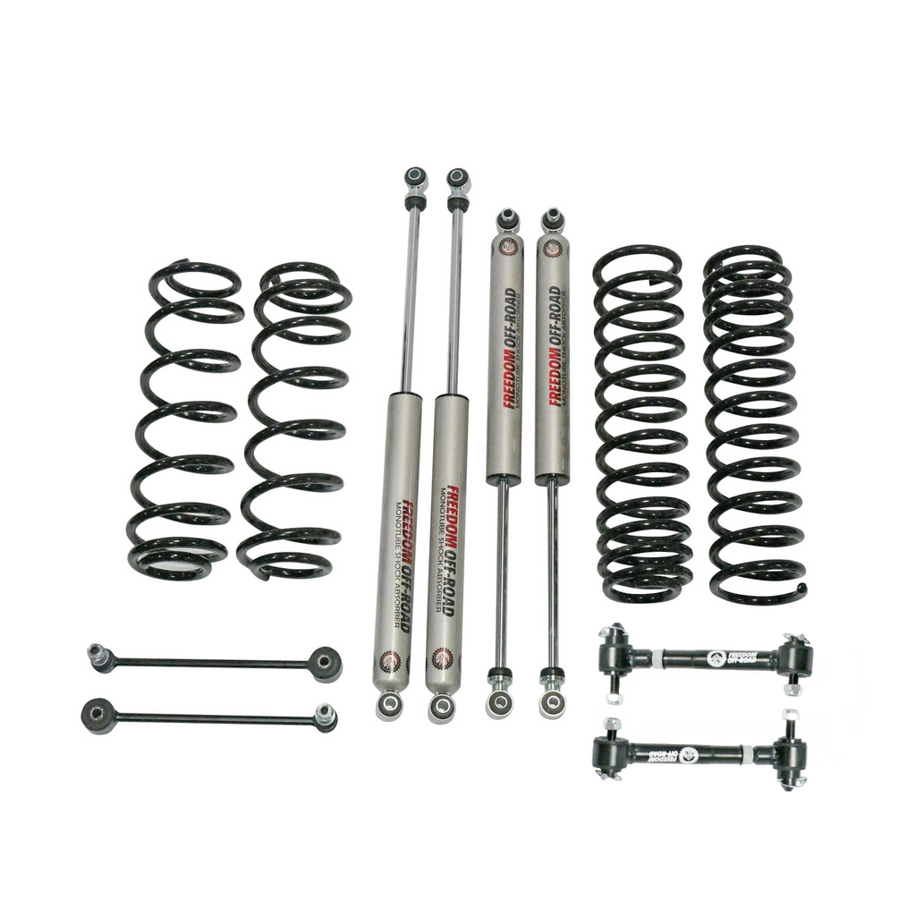 07-18 Jeep JK Wrangler 4 Inch 4DR/4.5 Inch 2DR Lift w/ Coil Springs, Monotube Shocks, Adjustable Front End Link Disconnects, and Fixed Rear End Links Freedom Off Road