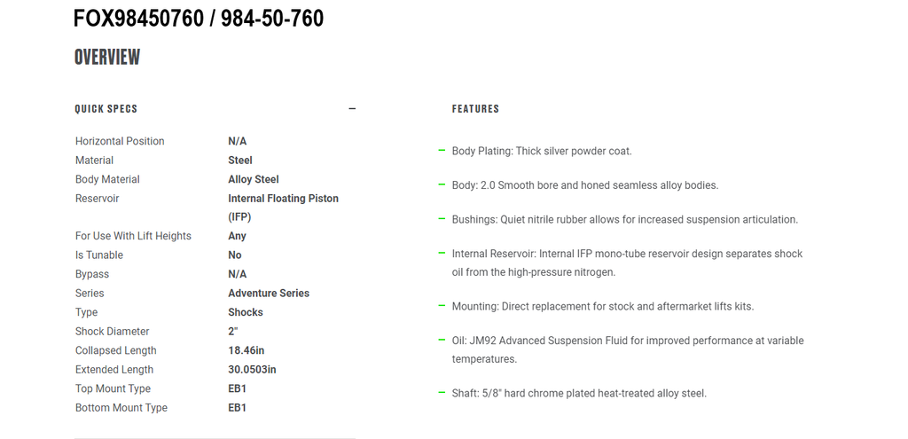 Fox 2.0 Adventure Series Shock | 984-50-760 | 30.05in. Ext 18.46in. Coll | Eyelet Top & Bottom Mount