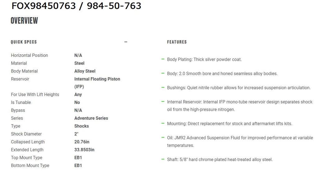 Fox 2.0 Adventure Series Shock | 984-50-763 | 33.85in. Ext 20.76in. Coll | Eyelet Top & Bottom Mount