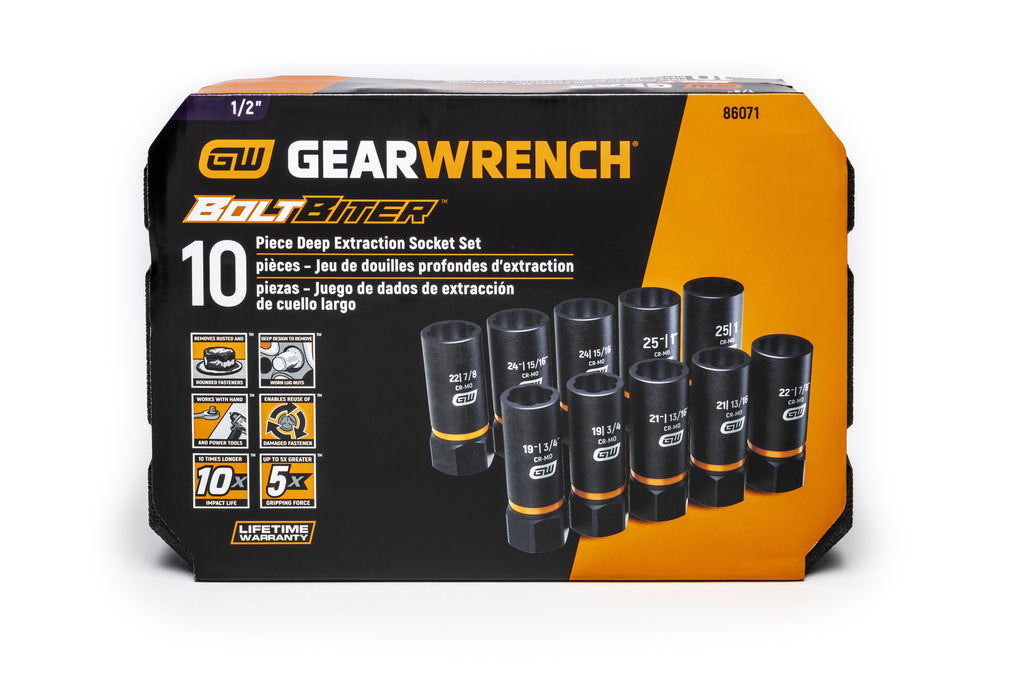 Gearwrench Bolt Biter 10 Piece Impact Extraction Socket Set 1/2 Drive Deep | 86071