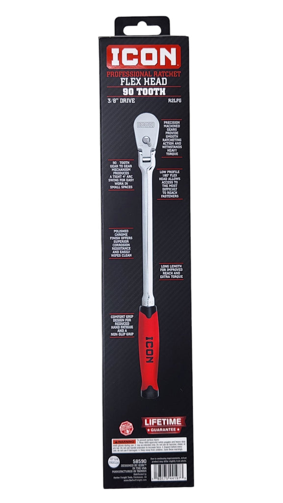 ICON 3/8 in. Drive Professional 90 Tooth Long Reach Flex Head Ratchet w/ Comfort Grip | R2LFG | 58590