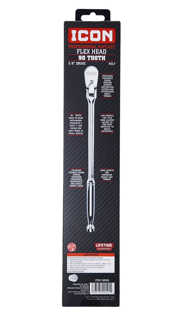 ICON 3/8 in. Drive Professional 90 Tooth Long Reach Flex Head Ratchet | R2LF | 58585