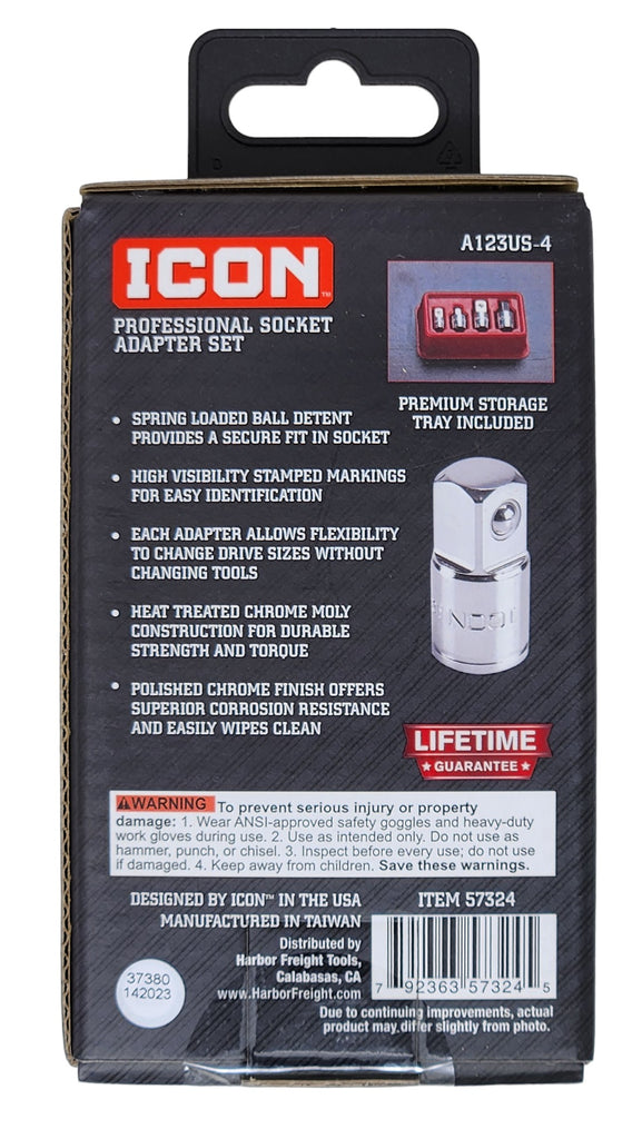 Icon Professional Socket Adapter Set 4 Piece Chrome Moly Steel | A123US-4 | 57324