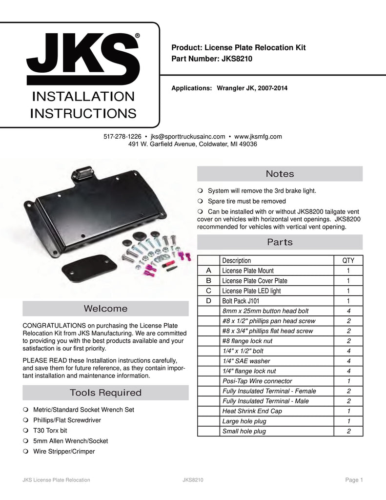 JKS License Plate Relocation Kit w/ Light | JKS8210 | 2007 - 2018 Jeep Wrangler JK JKU