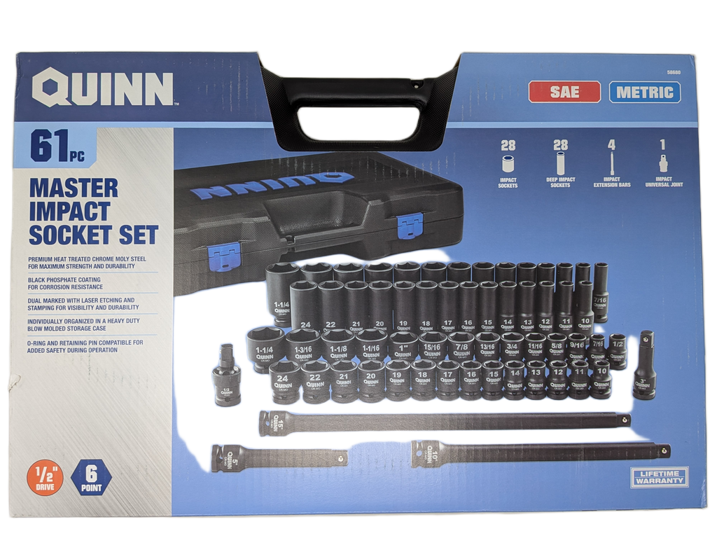 Quinn 61 Piece 1/2" Drive Master Impact Socket Set | 58680 | SAE / Metric