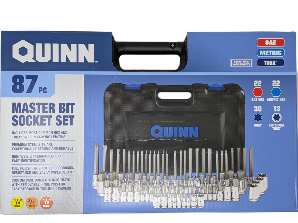Quinn 87 Piece Master Bit Socket Set | 70347 | SAE Hex, Metric Hex, Torx, E-Torx