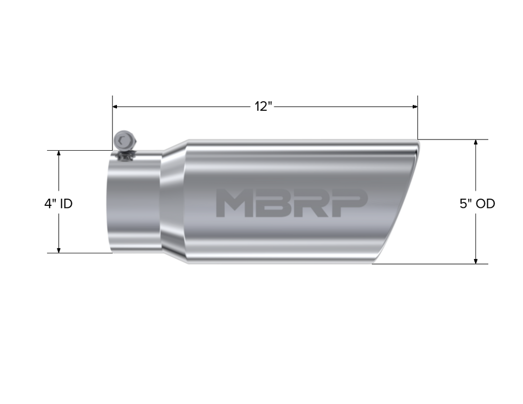 Exhaust Tail Pipe Tip 5 Inch O.D. Angled Rolled End 4 Inch Inlet 12 Inch Length T304 Stainless Steel MBRP