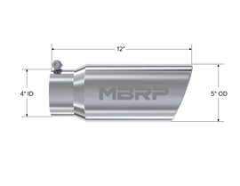 Exhaust Tail Pipe Tip 5 Inch O.D. Angled Rolled End 4 Inch Inlet 12 Inch Length T304 Stainless Steel MBRP