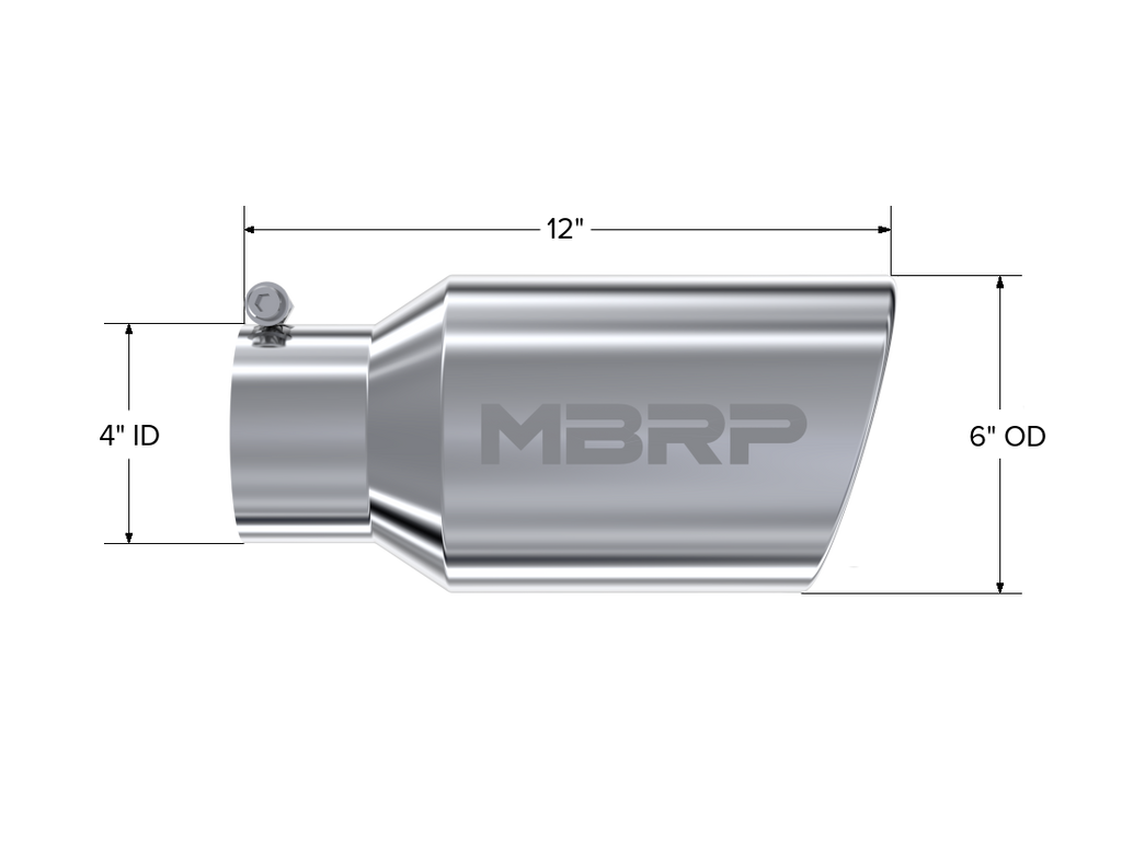 Exhaust Tail Pipe Tip 6 Inch O.D. Angled Rolled End 4 Inch Inlet 12 Inch Length T304 Stainless Steel MBRP