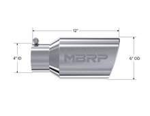 Load image into Gallery viewer, Exhaust Tail Pipe Tip 6 Inch O.D. Angled Rolled End 4 Inch Inlet 12 Inch Length T304 Stainless Steel MBRP
