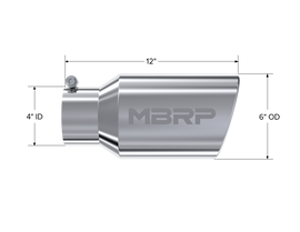 Exhaust Tail Pipe Tip 6 Inch O.D. Angled Rolled End 4 Inch Inlet 12 Inch Length T304 Stainless Steel MBRP