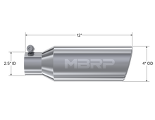 Cargar imagen en el visor de la galería, 4 Inch OD 2.5 Inch Inlet 12 Inch Length Exhaust Tail Pipe TipAngled Cut Rolled End Clampless-No Weld T304 Stainless Steel MBRP