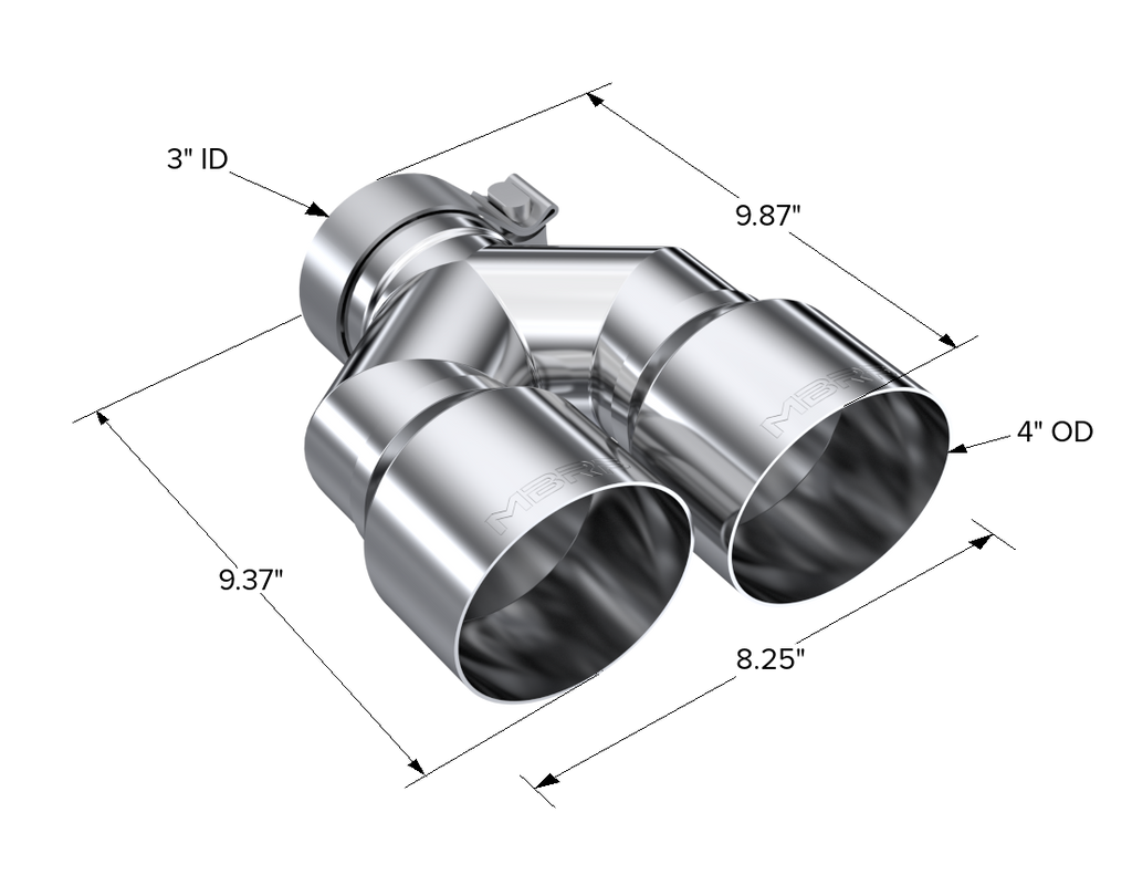 T304 Stainless Steel Tip 3.0 Inch ID 4.0 Inch OD Dual Out 9.87 Inch Length Dual Wall MBRP