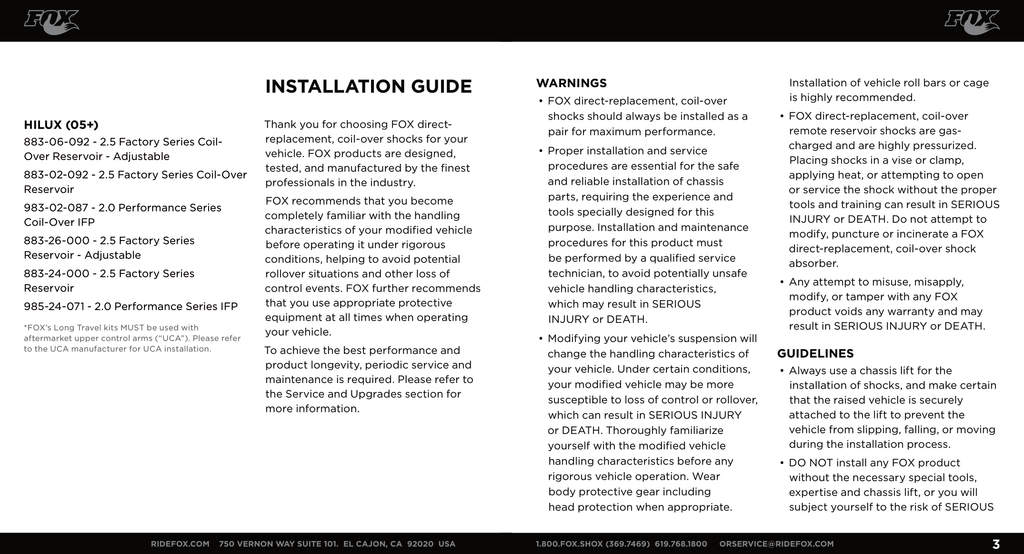 Fox 2.0 Performance Series 4.63in. IFP Coilover Shock Set | 0-1.5in. Lift | 2005 - 2024 Toyota Hilux 4WD