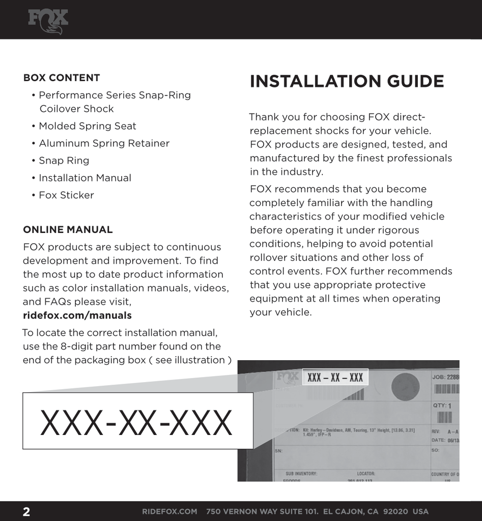 Fox Performance Series 2.0 Snap Ring Coilover IFP Shock (Spring Not incl) | 985-62-001 | Toyota 4Runner / FJ Cruiser & Lexus GX460