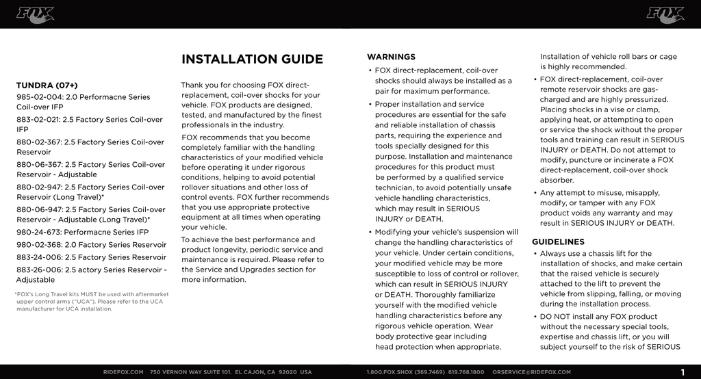 FOX 2.5 FACTORY RACE IFP COILOVER KIT | 883-02-021 | 2007 - 2021 TOYOTA TUNDRA 0 IN. - 2 IN. LIFT