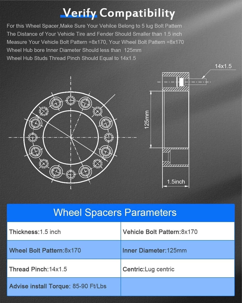 8x170 Lugcentric Wheel Spacers | 1.5in. Thick | 14mmx1.5 Studs | 03-05 Ford Excursion & 03-26 Ford Superduty F250 / F350