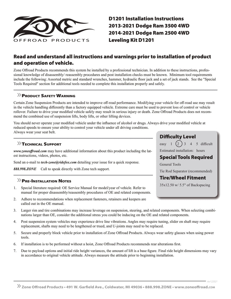 Zone Offroad 2in. Leveling / Lift Kit | ZOND1201 | 2014 - 2024 Ram 2500 & 2013 - 2024 Ram 3500