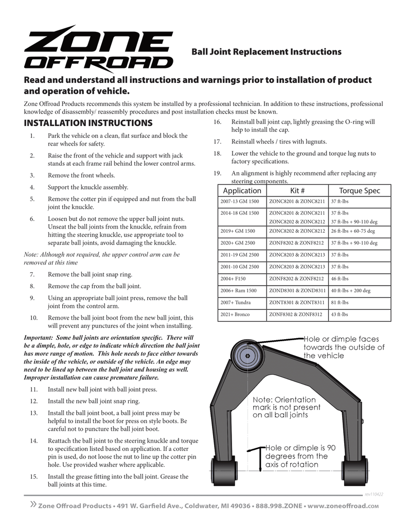 Zone Offroad Upper Control Arm replacement ball joint | ZONF8302 F8302 | 2021 - 2025 Ford Bronco