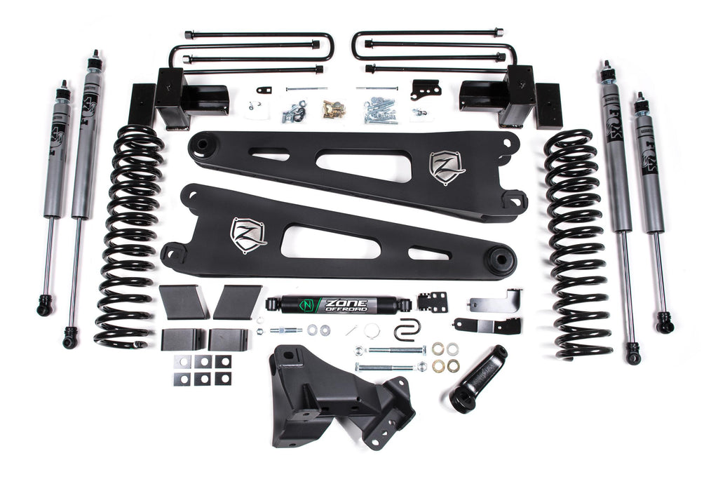 17-19 Ford F-250/350 Super Duty 4 Inch Radius Arm Lift Kit 2 Inch Rear Block Gas 3 Leaf Main Fox Adventure Shocks Adventure Series Shocks Zone Offroad