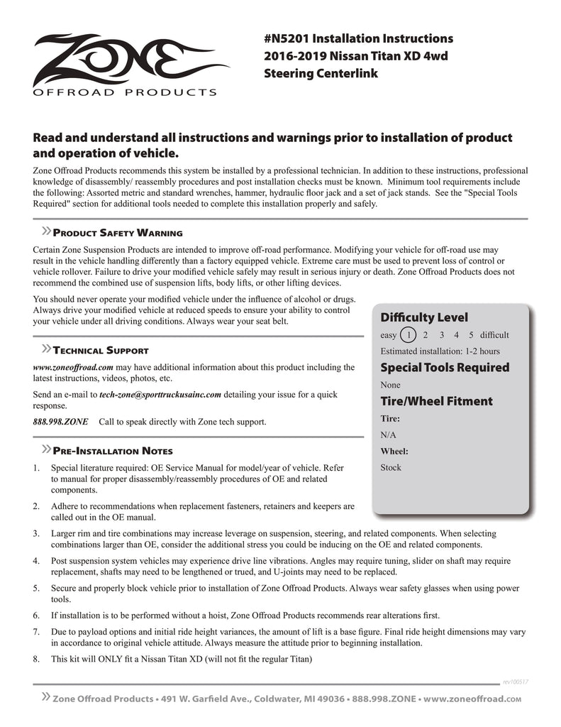 Zone Offroad Steering Centerlink For 2016 - 2024 Nissan Titan XD | ZONN5201