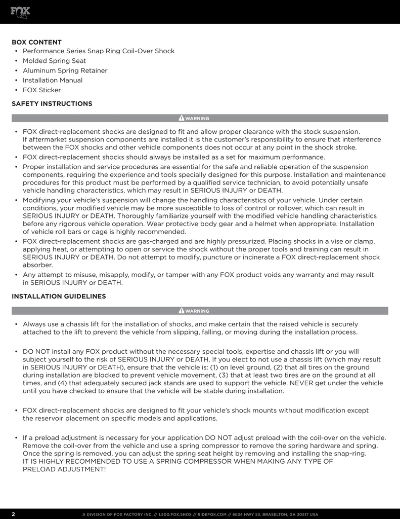 Fox 2.0 Performance Series Front Snap Ring Coil-Over | 0-2in Lift | 2015 - 2020 Ford F150 4x4 4wd