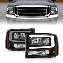 ANZO 99-04 Ford F250/F350/F450/Excursion (excl. 99) Faros delanteros de cristal - con barra de luz y carcasa negra