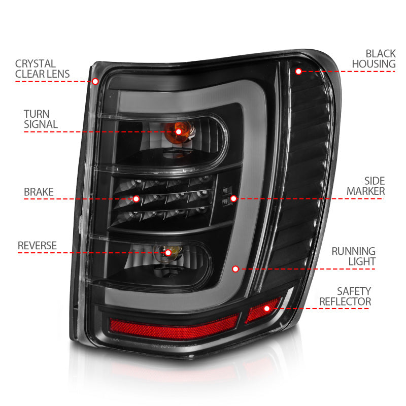 ANZO 1999-2004 Jeep Grand Cherokee luces traseras LED con barra de luz, carcasa negra, lente transparente
