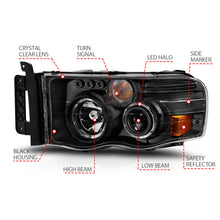 Cargar imagen en el visor de la galería, ANZO 2002-2005 Dodge Ram 1500 Faros delanteros proyectores con halo negro claro ámbar
