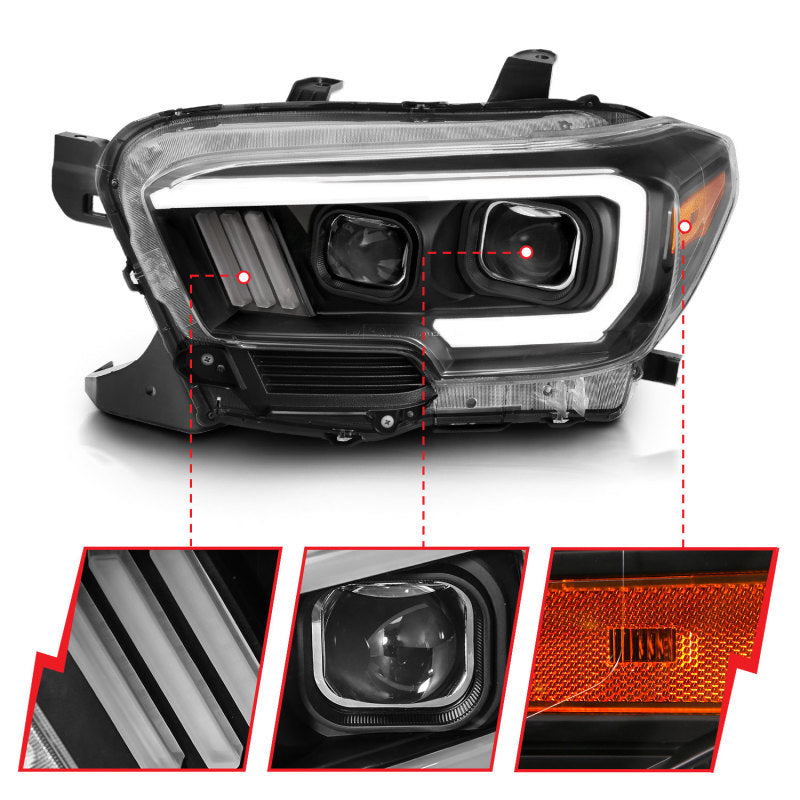 ANZO 2016-2017 Toyota Tacoma Proyector Faros delanteros con estilo de tablón Switchback negro con ámbar