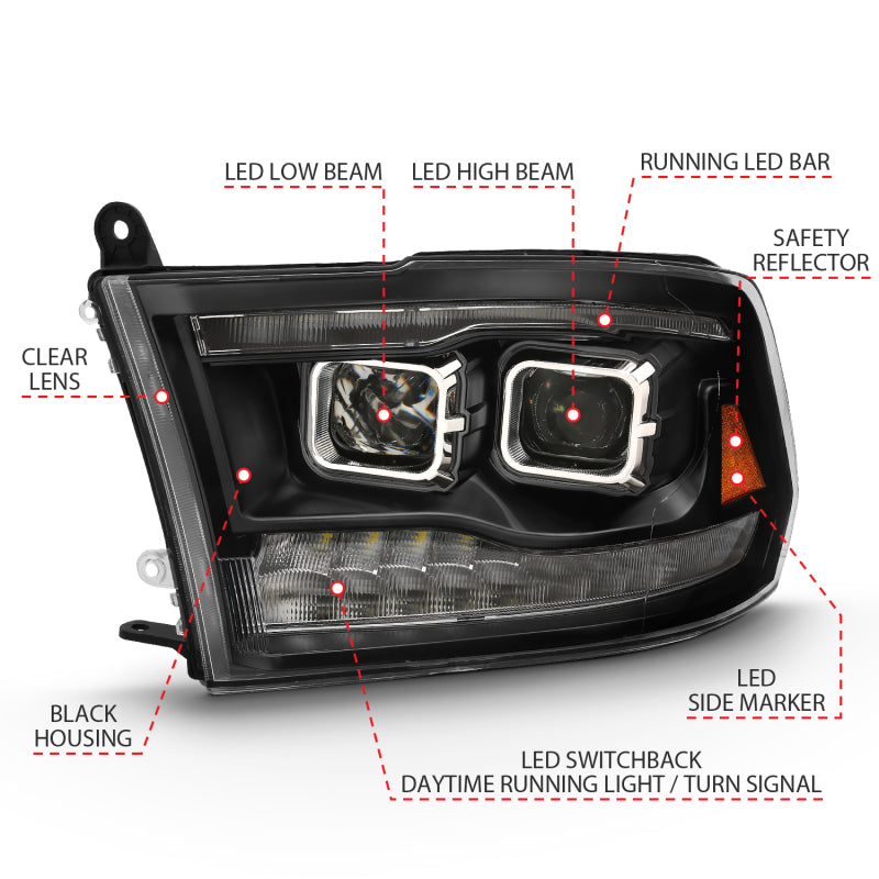 ANZO 2009-2018 Dodge Ram 1500 Proyector HL Switchback Cromo Ámbar