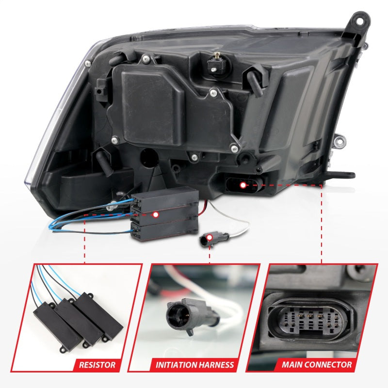 ANZO 09-18 Dodge Ram 1500/2500/3500 Faros delanteros LED completos con barra de luz de retroceso - Negro