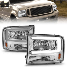 ANZO 99-04 Ford F250/F350/F450/Excursion (excl. 99) Faros delanteros de cristal - con barra de luz y carcasa cromada