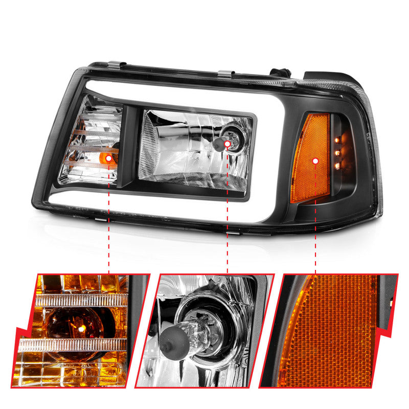 ANZO Faros delanteros de cristal para Ford Ranger 2001-2011 con barra de luz, carcasa negra